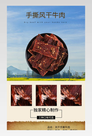 黑色简约零食牛肉干特产通用详情页