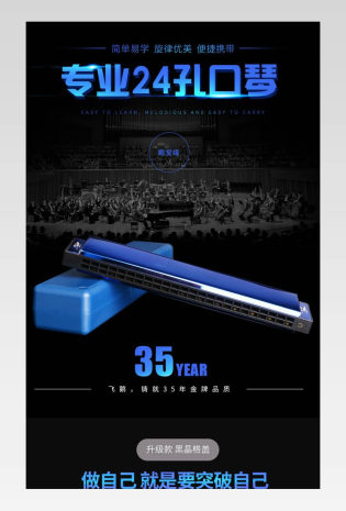 黑色简约时尚乐器口琴竖笛详情页